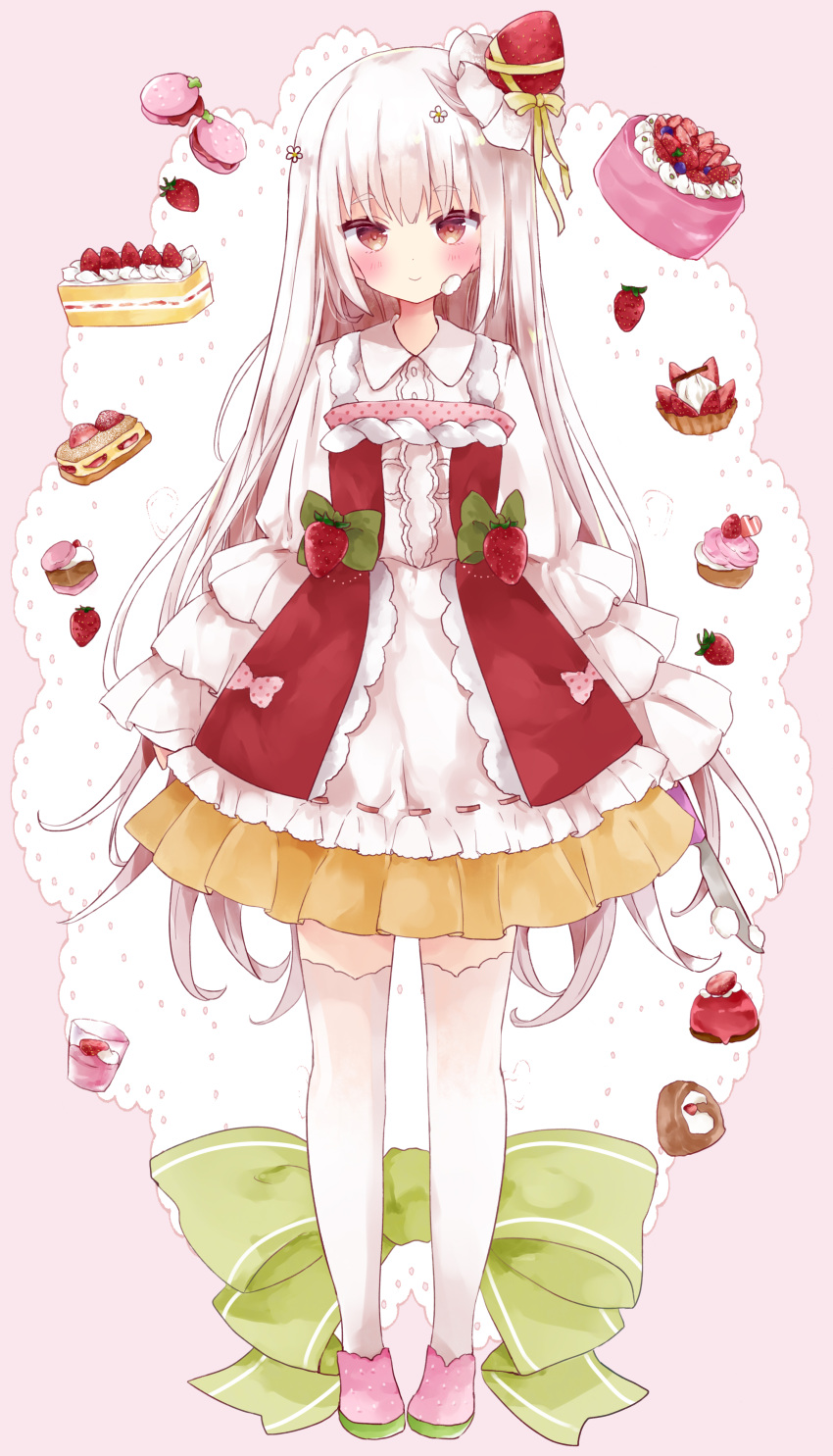 1girl absurdres bangs blush bow cake closed_mouth commentary cream cream_on_face doily dress eyebrows_visible_through_hair food food_on_face food_themed_hair_ornament frilled_dress frills fruit full_body green_bow hair_ornament highres holding holding_knife knife long_hair long_sleeves looking_at_viewer original pink_background pink_footwear red_eyes ribbon shoes simple_background sleeves_past_wrists smile solo standing strawberry strawberry_hair_ornament symbol_commentary thigh-highs tsukiyo_(skymint) very_long_hair white_dress white_hair white_legwear yellow_bow yellow_ribbon