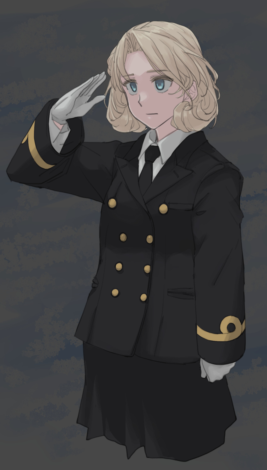 1girl alternate_costume bangs black_jacket black_neckwear black_skirt blonde_hair blue_eyes closed_mouth commentary_request cropped_legs double-breasted gloves grey_background hat highres jacket janus_(kantai_collection) kantai_collection long_sleeves military military_hat military_uniform necktie salute short_hair simple_background skirt solo sozan uniform white_gloves