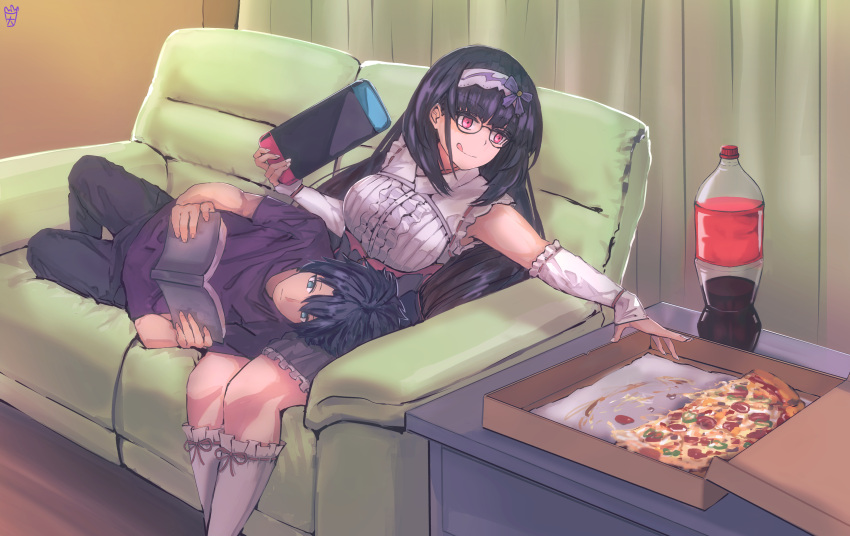 1boy 1girl absurdres bangs black_hair blue_eyes book breasts couch fate/grand_order fate_(series) food fujimaru_ritsuka_(male) handheld_game_console highres holding holding_handheld_game_console long_hair lying nintendo nintendo_switch on_side ootato open_book osakabe-hime_(fate/grand_order) pink_eyes pizza sitting smile soda_bottle