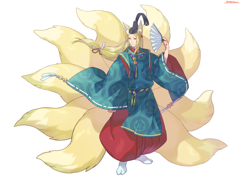 1boy animal_ear_fluff animal_ears blonde_hair closed_mouth fan folding_fan fox_ears fox_tail full_body hakama_pants hand_up hat highres holding holding_fan kitsune kotatsu_(g-rough) long_hair long_sleeves male_focus multiple_tails original pants red_pants short_eyebrows signature simple_background solo tabi tail tate_eboshi white_background white_legwear wide_sleeves