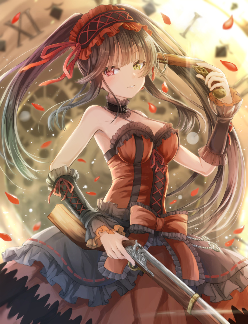 1girl absurdres black_hair breasts clock clock_eyes commentary_request date_a_live detached_sleeves dress gun hairband heterochromia highres holding holding_gun holding_weapon kyuupura lolita_fashion lolita_hairband long_hair looking_at_viewer medium_breasts parted_lips petals red_eyes roman_numerals smile solo symbol-shaped_pupils tokisaki_kurumi twintails uneven_twintails very_long_hair weapon yellow_eyes