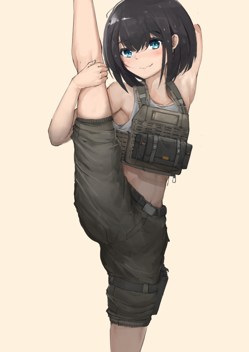 1girl arm_behind_head artist_request black_hair blue_eyes bob_cut chinese_commentary commentary_request highres leg_hold midriff original plate_carrier short_hair shorts simple_background solo split standing standing_on_one_leg standing_split tank_top wavy_mouth