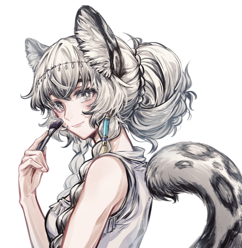 1girl akakeru animal_ear_fluff animal_ears arknights bangs bare_shoulders blush braid commentary_request dress grey_eyes hand_up highres holding leopard_ears leopard_tail long_hair looking_at_viewer pramanix_(arknights) silver_hair simple_background sleeveless sleeveless_dress smile solo tail tied_hair twin_braids white_background