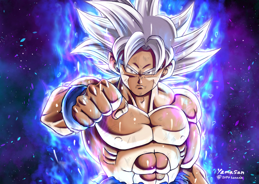 1boy 2094banana bruise clenched_hand closed_mouth dragon_ball dragon_ball_super highres injury long_hair looking_at_viewer male_focus muscle silver_hair solo son_gokuu spiky_hair twitter_username ultra_instinct v-shaped_eyebrows