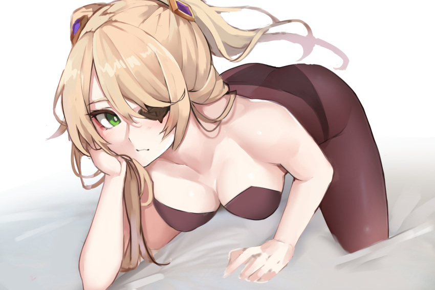 1girl absurdres blonde_hair bra breasts closed_mouth eyepatch fischl_(genshin_impact) genshin_impact green_eyes head_on_hand head_rest highres homuntan lying medium_breasts on_stomach panties pantyhose solo two_side_up underwear