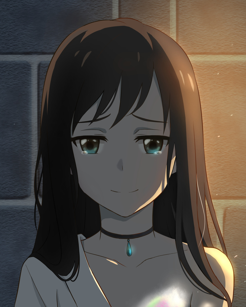 1girl absurdres against_wall amano_hina_(tenki_no_ko) blush brown_hair closed_mouth clothes_down collarbone green_eyes highres jewelry junyamaekaki long_hair looking_at_viewer pendant portrait solo tears tenki_no_ko