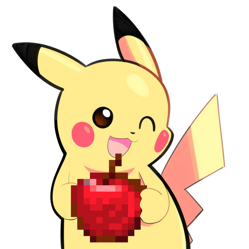 :3 :d ^_^ artsy-rc brown_eyes closed_eyes commentary english_commentary gen_1_pokemon highres looking_at_viewer minecraft no_humans open_mouth pikachu pixelated pokemon pokemon_(creature) simple_background smile solo upper_body white_background
