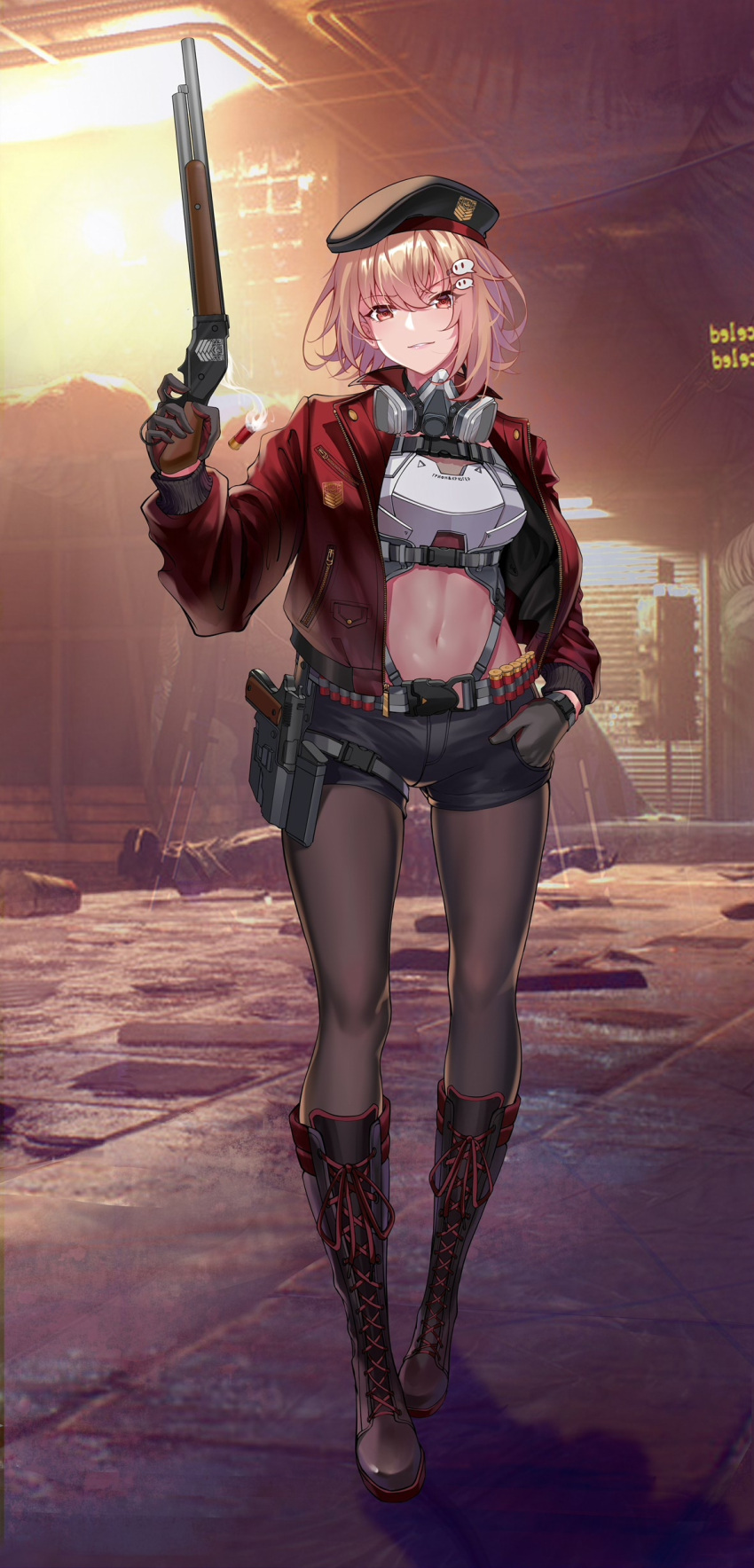 1girl absurdres ammunition_belt armor beret black_footwear black_gloves black_legwear black_shorts boots breasts bullet character_request closed_mouth commentary_request eyebrows_visible_through_hair full_body gas_mask girls_frontline gloves grifon_&amp;_kryuger gun hair_ornament hairclip hand_in_pocket handgun hat highres holding holding_gun holding_weapon holster holstered_weapon jacket lips looking_at_viewer mask mask_around_neck medium_hair navel open_clothes open_jacket pantyhose pink_eyes pink_hair red_jacket rubber_boots san_ka shorts shotgun solo standing weapon