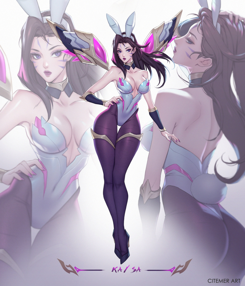 1girl animal_ears artist_name bare_shoulders black_legwear blue_eyes brown_hair bunny_tail character_name choker citemer commentary detached_collar detached_sleeves english_commentary fake_animal_ears fake_tail hairband hand_on_hip highres kai'sa league_of_legends leotard multicolored_choker pantyhose playboy_bunny purple_lips purple_nails rabbit_ears skin_tight solo tail taut_clothes thigh_gap thighlet whisker_markings white_leotard