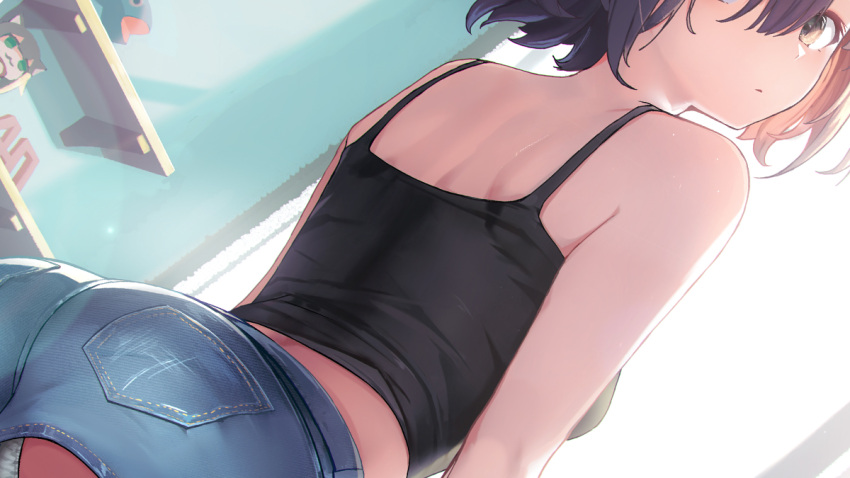 1girl ass back bangs bare_shoulders black_hair brown_eyes closed_mouth denim denim_shorts from_behind indoors kagawa_ichigo looking_back original short_hair shorts shoulder_blades solo standing tank_top window