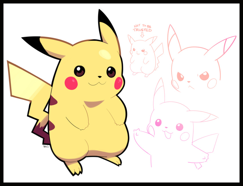 :3 arrow_(symbol) artsy-rc black_border border brown_eyes closed_mouth commentary english_commentary english_text gen_1_pokemon highres looking_at_viewer multiple_views no_humans pikachu pokemon pokemon_(anime) pokemon_(creature) signature simple_background smile solo white_background