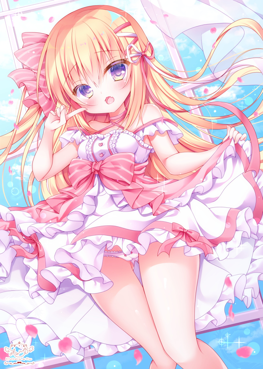 1girl ass_visible_through_thighs bare_shoulders blonde_hair blue_eyes blush bow bow_dress breasts center_frills criss-cross_halter curtains dress feet_out_of_frame frills fuxiyu hair_ribbon halterneck highres index_finger_raised long_hair medium_breasts one_side_up open_mouth original panties red_bow ribbon sidelocks skirt skirt_lift solo thighs underwear white_dress white_panties window