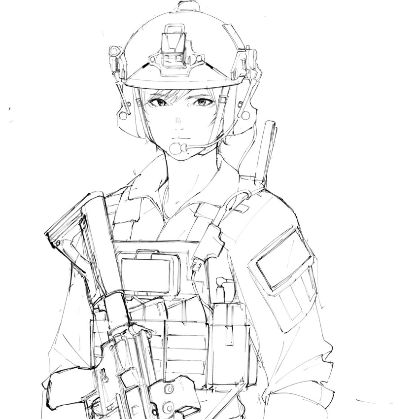 1girl assault_rifle closed_mouth ear_protection expressionless greyscale gun helmet highres lineart load_bearing_vest long_sleeves looking_at_viewer m4_carbine magazine_(weapon) military_operator monochrome original pen_guin15 rifle short_hair sketch solo upper_body weapon