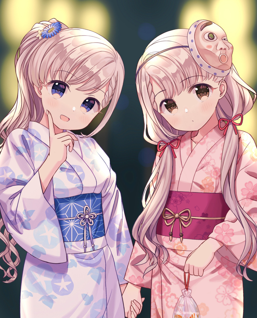 2girls absurdres blue_eyes blue_kimono braid breasts brown_eyes flat_chest flower hair_flower hair_ornament hair_ribbon highres hisakawa_nagi holding_hands idolmaster idolmaster_cinderella_girls idolmaster_cinderella_girls_starlight_stage japanese_clothes kimono looking_at_viewer mask mask_on_head mask_removed multiple_girls open_mouth pink_kimono ponytail ribbon silver_hair small_breasts standing twintails user_gfkw7587 white_hair