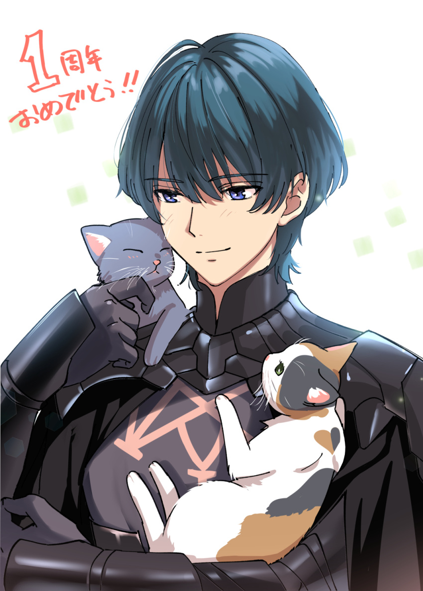 1boy animal armor blue_eyes blue_hair blush byleth_(fire_emblem) byleth_eisner_(male) cat eyebrows_visible_through_hair fire_emblem fire_emblem:_three_houses gauntlets grey_cat hair_between_eyes heart highres holding holding_animal holding_cat misu_kasumi shadow short_hair simple_background solo upper_body white_background