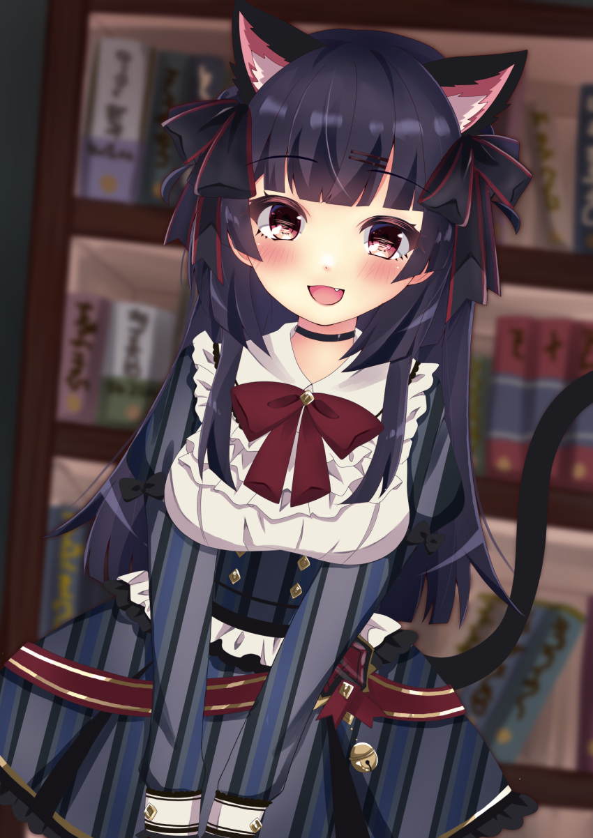 1girl animal_ears artist_request bangs bell black_hair blunt_bangs blush book bookshelf bow bowtie breasts brown_eyes cat_ears cat_tail choker dress eyebrows_visible_through_hair fang frilled_dress frills hair_ornament hair_ribbon hairclip highres idolmaster idolmaster_shiny_colors jingle_bell long_hair long_sleeves mayuzumi_fuyuko medium_breasts open_mouth red_bow red_neckwear ribbon solo striped striped_dress tail two_side_up