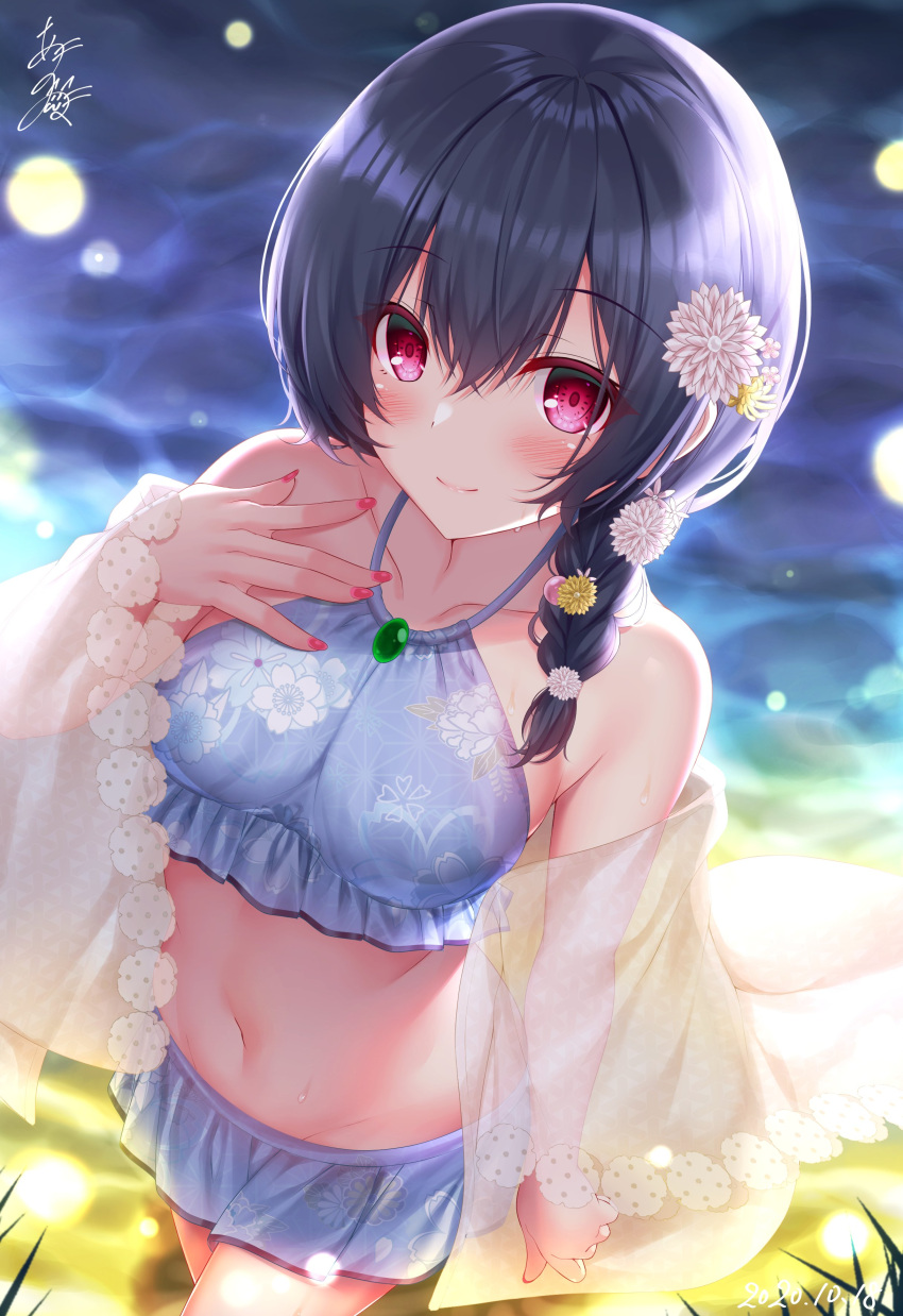 1girl absurdres bangs bikini black_hair blue_bikini blush braid breasts closed_mouth commentary_request dated eyebrows_visible_through_hair floral_print flower frilled_bikini frills groin hair_between_eyes hair_flower hair_ornament hair_over_shoulder halter_top halterneck highres idolmaster idolmaster_shiny_colors long_hair long_sleeves looking_at_viewer morino_rinze nail_polish navel off_shoulder open_clothes print_bikini red_eyes red_nails sleeves_past_wrists small_breasts smile solo swimsuit white_flower wide_sleeves yellow_flower yunagi_amane