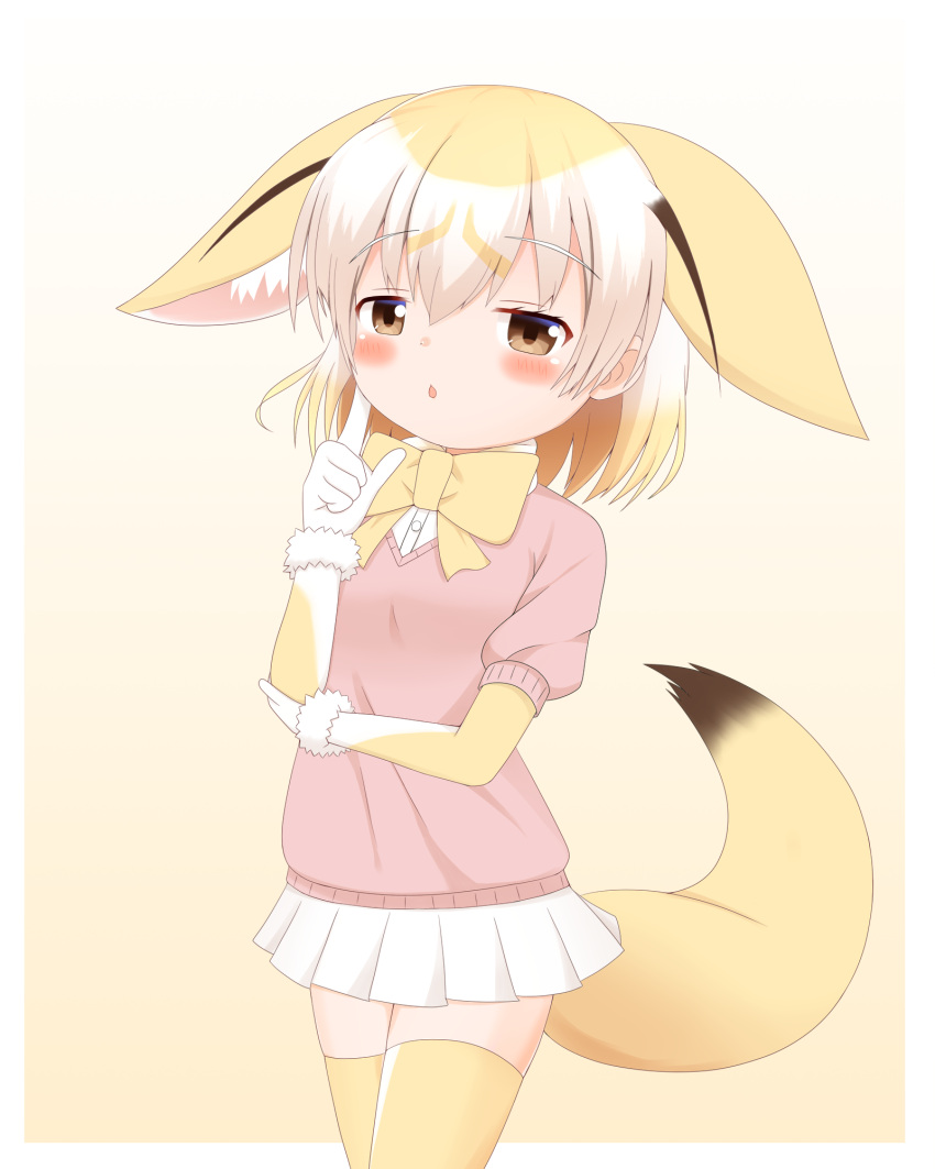 1girl animal_ears bangs blonde_hair blush bow brown_background brown_eyes commentary_request eyebrows_visible_through_hair fennec_(kemono_friends) fox_ears fox_girl fox_tail fur-trimmed_gloves fur_trim gloves gradient gradient_background hair_between_eyes hand_up highres kemono_friends multicolored_hair parted_lips pink_sweater pleated_skirt puffy_short_sleeves puffy_sleeves shin01571 shirt short_sleeves skirt solo sweater tail thigh-highs two-tone_hair white_gloves white_hair white_shirt white_skirt yellow_bow yellow_legwear