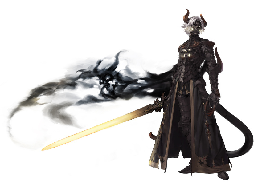 1boy absurdres armor black_sclera claws elbow_blade full_armor glowing highres holding holding_sword holding_weapon horns jaeyeong looking_at_viewer original simple_background skull solo standing sword tail undead waist_cape weapon white_background white_eyes white_hair