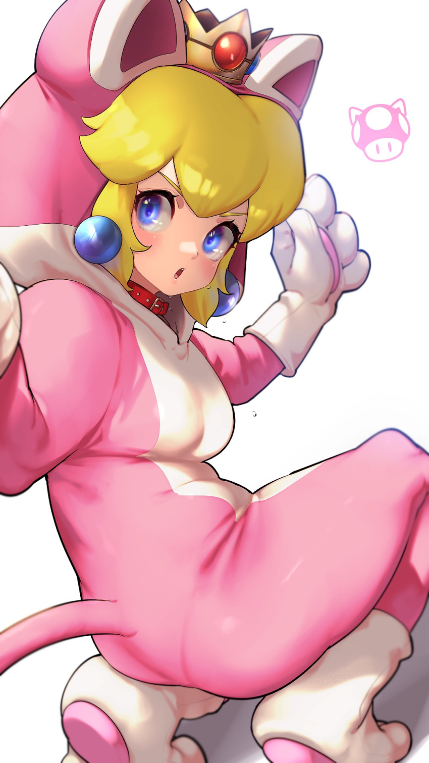 1girl :o animal_costume bangs blonde_hair blue_eyes blush breasts cat_costume collar crown earrings gloves highres jewelry kashu_(hizake) super_mario_bros. medium_breasts open_mouth paw_gloves paw_shoes paws princess_peach red_collar shadow shoes simple_background solo squatting super_mario_3d_world super_mushroom sweat tail white_background