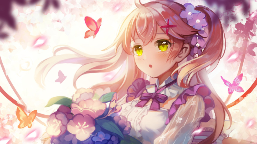 1girl :o ahoge alternate_costume bow bowtie bug butterfly buttons dyx217 flower frills green_eyes hair_ornament highres hololive insect open_mouth pink_hair sakura_miko tied_hair virtual_youtuber x_hair_ornament