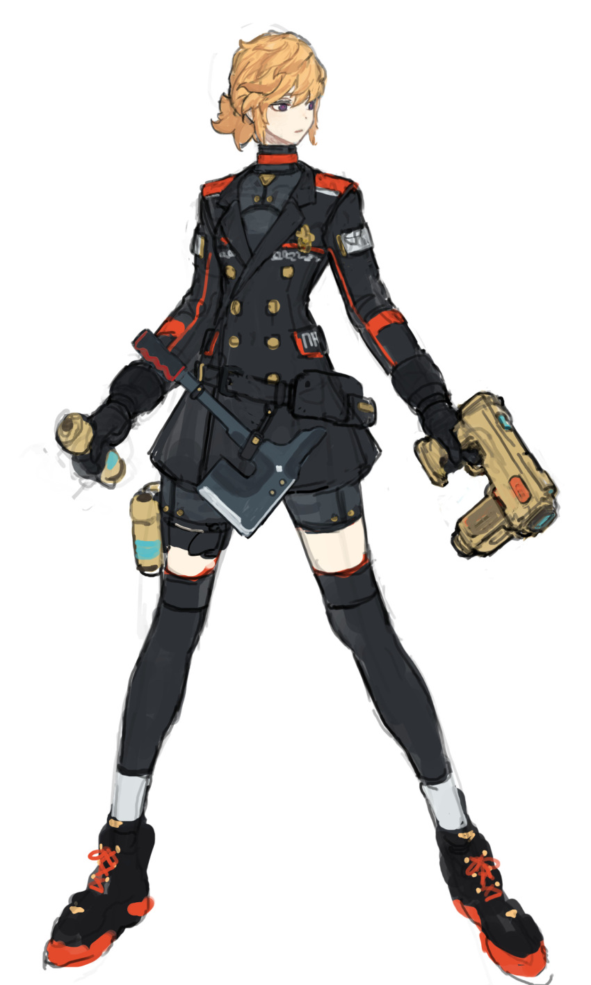 1girl absurdres ankle_boots black_footwear black_gloves black_jacket black_legwear bodysuit boots closed_mouth commentary double-breasted english_commentary full_body gloves grey_bodysuit gun hatchet highres holding holding_gun holding_weapon jacket jaeyeong legs_apart long_sleeves looking_to_the_side orange_hair original ponytail short_hair simple_background sketch solo standing thigh-highs violet_eyes weapon white_background