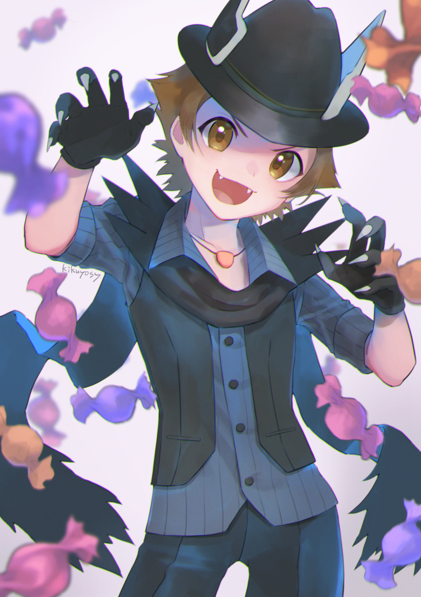 1boy artist_name black_gloves black_headwear black_pants black_scarf black_vest brown_eyes brown_hair buttons candy collared_shirt commentary_request fangs food gloves hands_up hat head_tilt highres hilbert_(pokemon) jewelry kikuyoshi_(tracco) looking_at_viewer male_focus necklace open_mouth pants pokemon pokemon_(game) pokemon_masters_ex scarf shirt short_hair short_sleeves solo tongue vest watermark