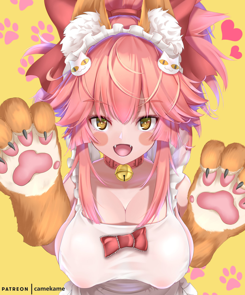 1girl absurdres animal_ear_fluff animal_ears apron bangs bell bell_collar blush breasts collar fate/extra fate/grand_order fate_(series) fox_ears fox_girl fox_tail gloves highres kamehito long_hair naked_apron paw_gloves paws pink_hair tail tamamo_(fate)_(all) tamamo_cat_(fate) yellow_eyes