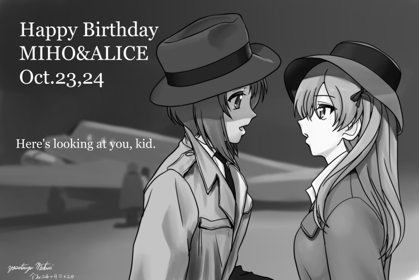 2girls aircraft airplane casablanca english_text girls_und_panzer hat highres long_hair looking_at_another matsui_yasutsugu monochrome multiple_girls necktie nishizumi_miho parody shimada_arisu short_hair trench_coat