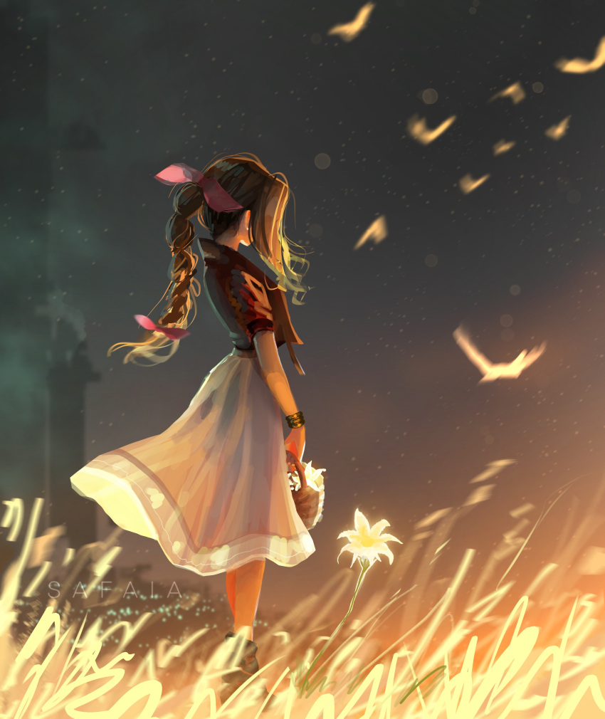 1girl absurdres aerith_gainsborough artist_name basket bird boots bracelet braid brown_hair covered_face field final_fantasy final_fantasy_vii final_fantasy_vii_remake flock flower flower_basket full_body hair_ribbon highres holding holding_basket jacket jewelry long_hair outdoors pink_ribbon profile red_jacket ribbon safaiaart short_sleeves single_braid skirt solo standing white_flower white_skirt