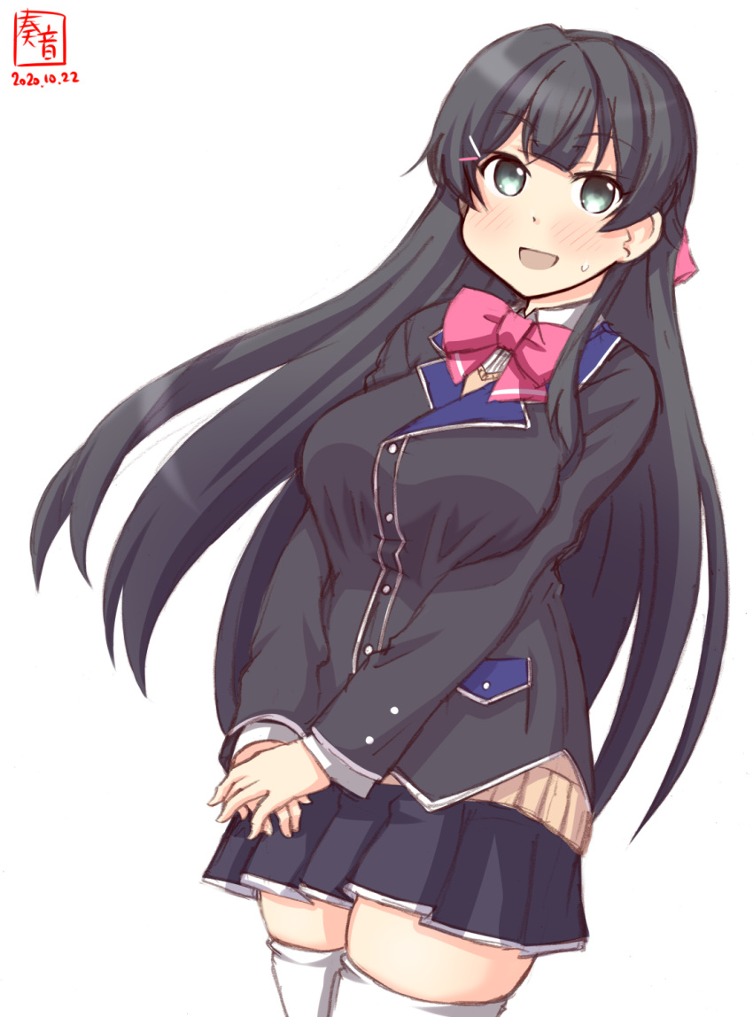 1girl agano_(kantai_collection) artist_logo black_hair black_jacket black_skirt blazer bow cardigan_vest commentary_request cosplay cowboy_shot dated green_eyes hair_ornament hairclip highres jacket kanon_(kurogane_knights) kantai_collection long_hair look-alike looking_at_viewer nijisanji pink_bow pink_neckwear revision school_uniform simple_background skirt solo thigh-highs tsukino_mito tsukino_mito_(cosplay) v_arms virtual_youtuber white_background white_legwear