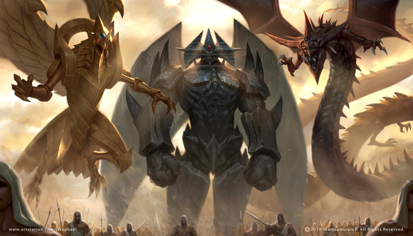 army clenched_hands clouds cloudy_sky dragon duel_monster egyptian egyptian_clothes floating highres holding holding_lance holding_polearm holding_weapon joshua_raphael lance multiple_boys obelisk_the_tormentor open_mouth osiris_the_sky_dragon polearm sharp_teeth sky standing teeth the_winged_dragon_of_ra watermark weapon web_address wings yu-gi-oh! yu-gi-oh!_duel_monsters