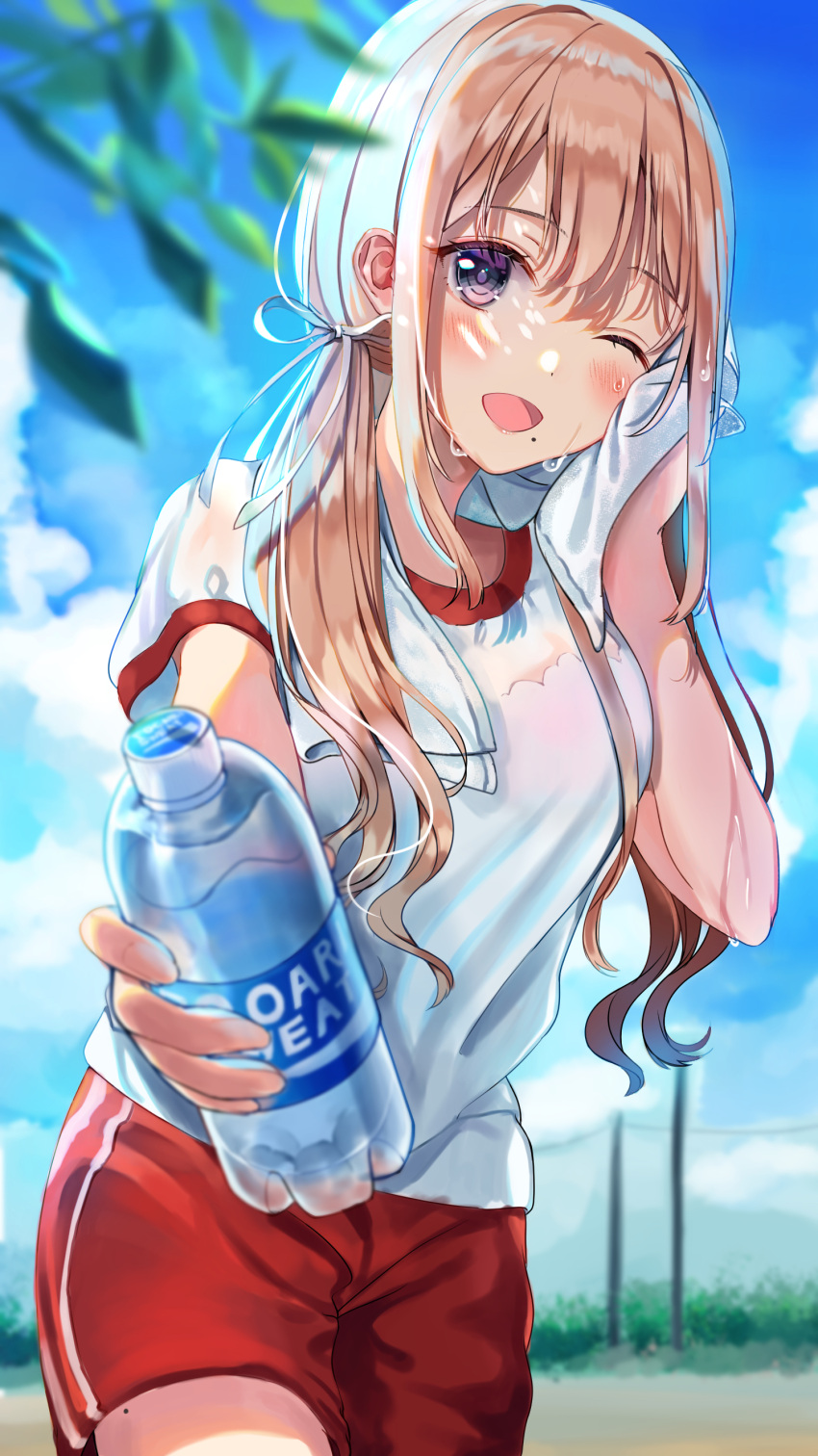 1girl absurdres blonde_hair blush breasts brown_hair gym_shirt gym_shorts gym_uniform hair_tie highres long_hair looking_at_viewer medium_breasts one_eye_closed open_mouth original outdoors see-through shirt shorts sky solo standing sweat sweatdrop sweating_profusely thighs towel twintails user_nzph8757 violet_eyes wet wet_clothes