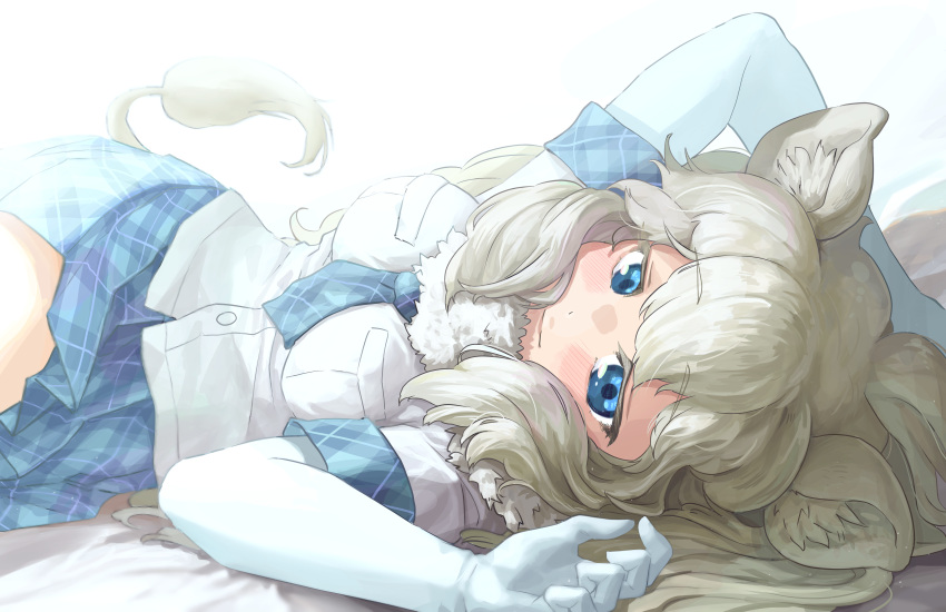 1girl animal_ears arm_behind_head arm_rest arm_up bangs big_hair blue_eyes blue_neckwear blue_skirt breast_pocket cat_girl closed_mouth cowboy_shot elbow_gloves eyebrows_visible_through_hair fur_collar gloves highres kemono_friends kemono_friends_3 lion_ears lion_girl lion_tail looking_at_viewer lying meraton miniskirt necktie on_side plaid plaid_neckwear plaid_skirt plaid_sleeves plaid_trim pocket shirt skirt smile solo tail twisted_torso white_gloves white_hair white_lion_(kemono_friends) white_shirt