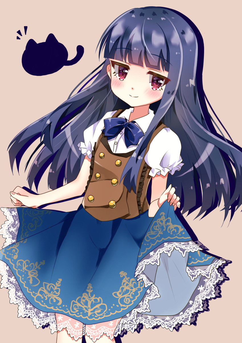 1girl absurdres akashiro_hana bangs blue_bow blue_hair blue_neckwear blue_skirt blunt_bangs blush bow bowtie brown_background collared_shirt feet_out_of_frame highres idolmaster idolmaster_cinderella_girls lace-trimmed_skirt lace_trim long_hair looking_at_viewer puffy_short_sleeves puffy_sleeves red_eyes sajou_yukimi shirt short_sleeves skirt skirt_hold sleeveless_sweater smile solo white_shirt