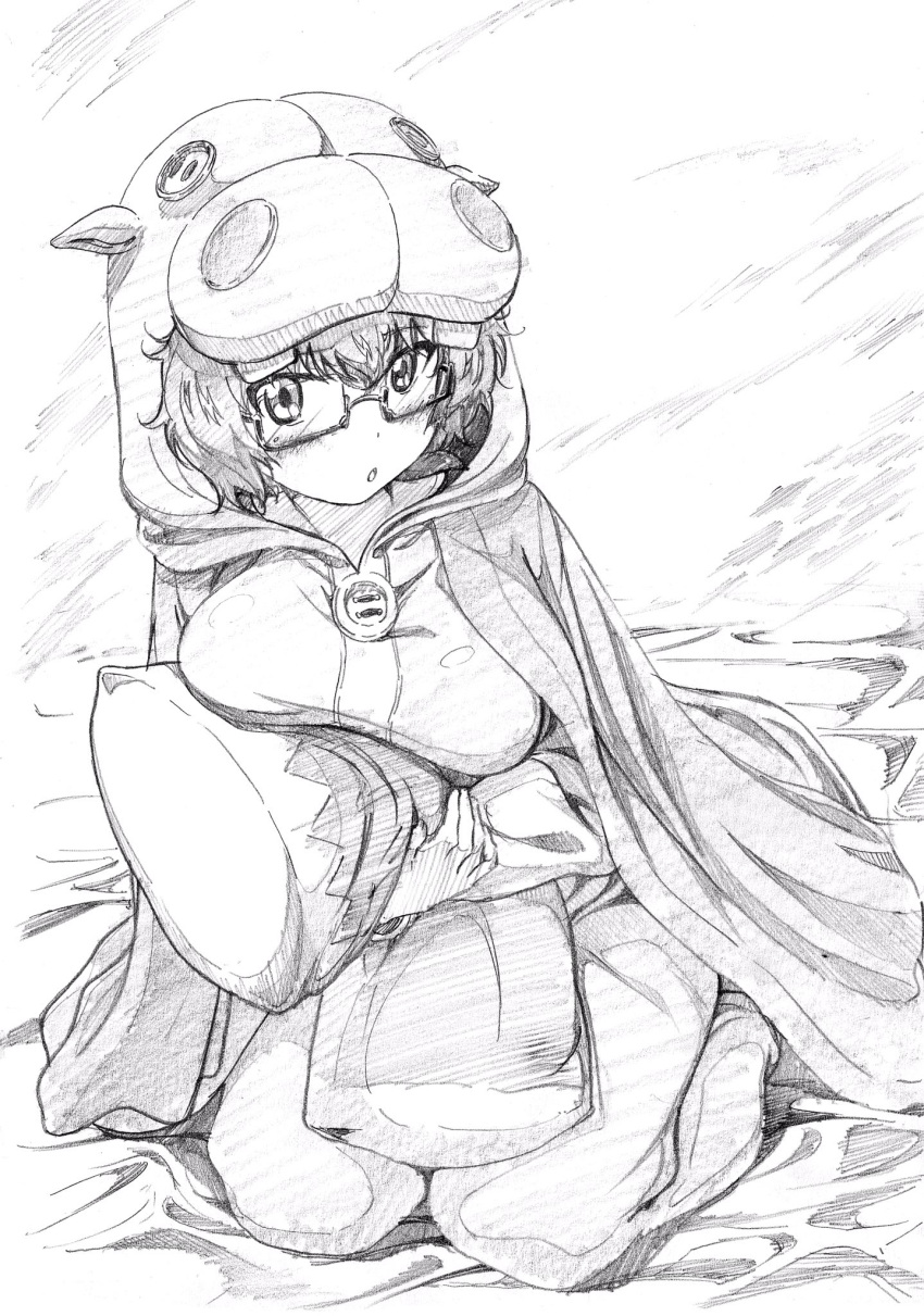 1girl :o bangs blanket commentary girls_und_panzer girls_und_panzer_senshadou_daisakusen! glasses graphite_(medium) greyscale highres hippopotamus_costume holding holding_pillow hood hood_up kneeling looking_at_viewer messy_hair monochrome on_bed onesie oryou_(girls_und_panzer) parted_lips pillow pink_x semi-rimless_eyewear short_hair sketch solo traditional_media under-rim_eyewear under_covers