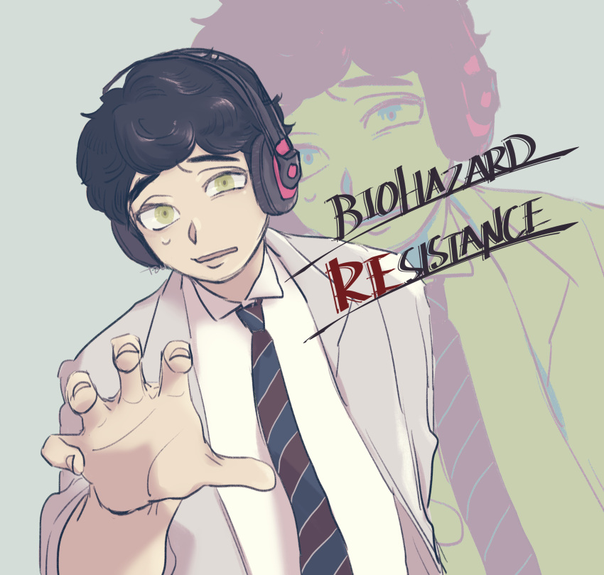 1boy absurdres artist_name black_hair bukihuman copyright_name curly_hair earphones green_eyes grey_background highres jewelry male_focus martin_sandwich necklace open_mouth resident_evil:_resistance solo