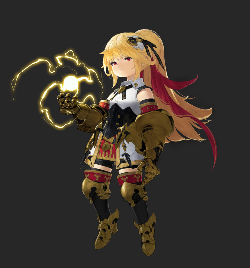 1girl absurdres armor belt blonde_hair closed_mouth corset electricity full_body gauntlets grey_background hair_ribbon hand_up highres jaeyeong knee_pads long_hair looking_at_viewer metal_boots original ponytail red_ribbon red_skirt ribbon shirt simple_background skirt solo white_shirt wing_collar