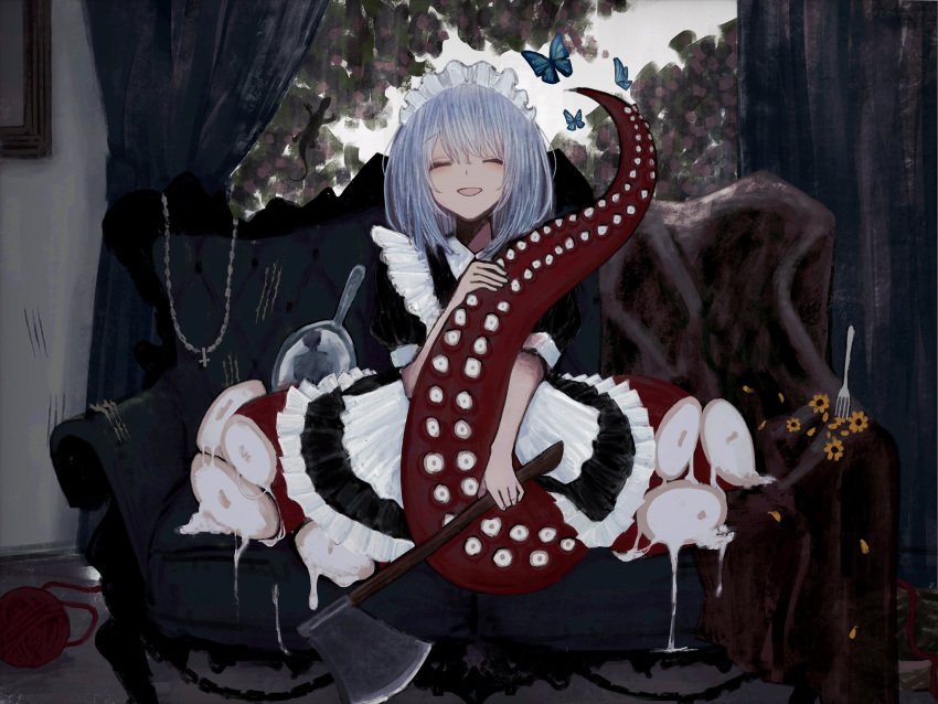 1girl ^_^ ^o^ axe bangs blue_hair bug butterfly closed_eyes couch curtains facing_viewer fork highres holding holding_axe insect lizard maid maid_headdress medium_hair mirror nurie7 original sitting solo tentacles yarn yarn_ball