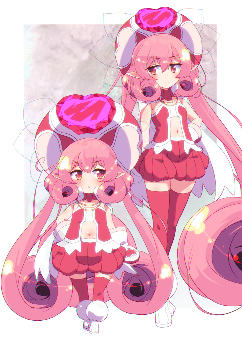 1girl bangs blush cape curly_hair eyebrows_visible_through_hair hair_between_eyes hand_on_hip hat heart highres long_hair navel neneka_(princess_connect!) pink_eyes pink_hair pointy_ears princess_connect! princess_connect!_re:dive red_eyes red_headwear red_legwear sw thigh-highs twintails very_long_hair white_footwear