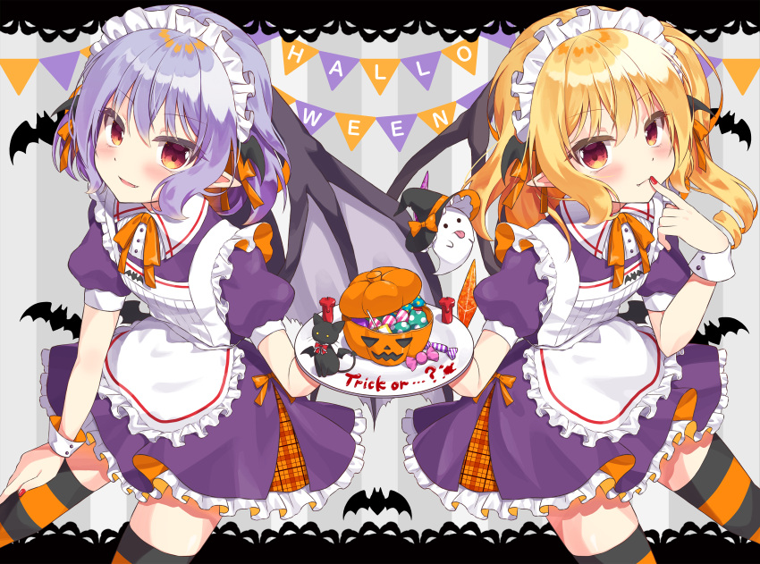 2girls alternate_costume apron bat bat_wings beni_kurage black_cat blonde_hair blue_hair blush candy cat commentary dress english_text enmaided eyebrows_visible_through_hair fang fang_out feet_out_of_frame finger_to_mouth flandre_scarlet food ghost grey_background hair_between_eyes halloween hand_on_own_thigh highres holding holding_plate jack-o'-lantern lace_border layered_skirt leaning_forward looking_at_viewer maid maid_apron maid_headdress multiple_girls neck_ribbon one_side_up orange_neckwear parted_lips plate pointy_ears purple_dress red_eyes remilia_scarlet ribbon short_hair siblings sisters skirt standing streamers striped striped_background striped_legwear thigh-highs touhou wings