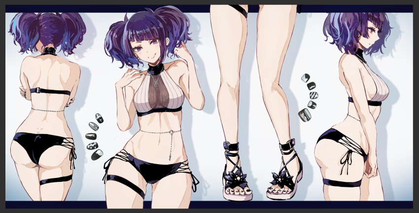 1girl ass bangs belly_chain bikini black_border black_nails border breasts choker diagonal_bangs full_body grin highres idolmaster idolmaster_shiny_colors jewelry long_hair looking_at_viewer lower_body medium_breasts minyom multi-strapped_bikini navel necklace purple_hair sandals see-through short_twintails side-tie_bikini smile standing stomach swimsuit tanaka_mamimi thigh_strap toenail_polish twintails violet_eyes