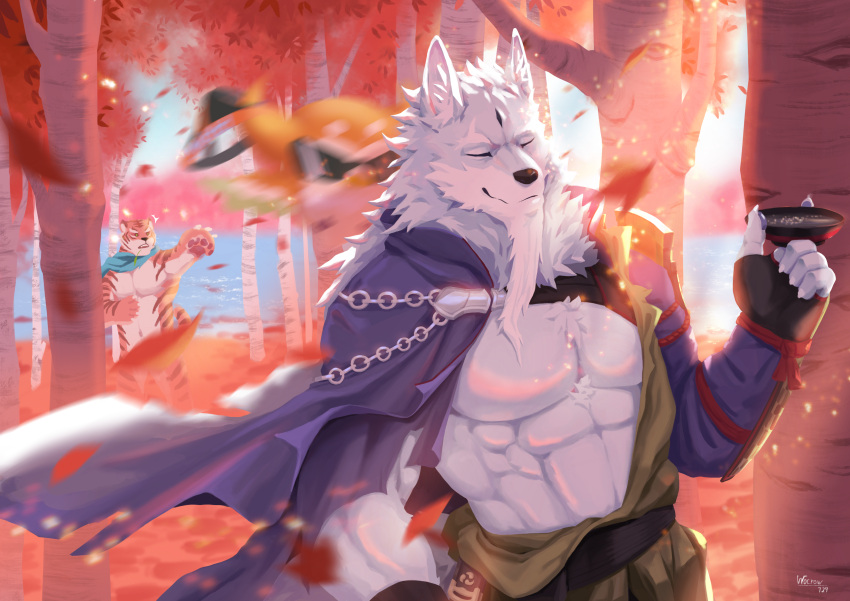 2boys absurdres autumn_leaves bird black_gloves blue_scarf cape closed_eyes day facial_mark fingerless_gloves forehead_mark forest furry gloves goggles highres huge_filesize law_(sdorica) male_focus motion_blur multiple_boys muscle nature outdoors pang_(sdorica) puggi purple_cape repairdog scarf sdorica tiger water wolf
