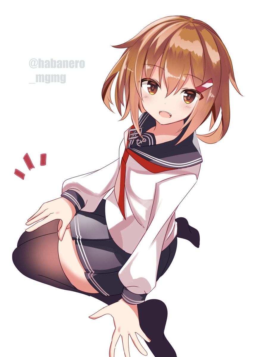 /\/\/\ 1girl anchor_symbol black_legwear black_sailor_collar black_skirt brown_eyes brown_hair commentary_request fang fathom hair_ornament hairclip highres ikazuchi_(kantai_collection) kantai_collection lap_pillow_invitation neckerchief pleated_skirt red_neckwear sailor_collar school_uniform seiza serafuku short_hair simple_background sitting skirt solo thigh-highs twitter_username white_background