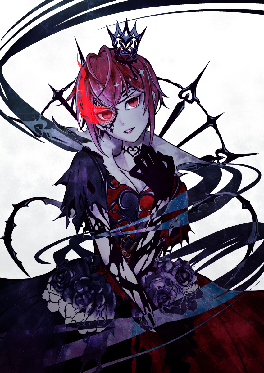 1boy absurdres antenna_hair bangs black_gloves choker crossed_bangs crown empty_eyes flaming_eye gloves heart heart_print highres ink inverted_colors mini_crown overblot pale_skin parted_lips red_eyes red_fire redhead riddle_rosehearts short_hair solo suzuki_yuka torn_clothes twisted_wonderland white_background