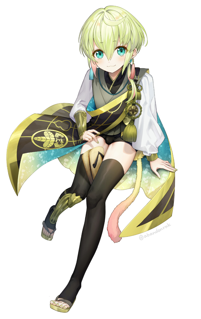 1boy :3 abandon_ranka aqua_eyes armor black_legwear blonde_hair bulge earrings highres japanese_armor japanese_clothes jewelry kote male_focus monkey_tail sandals short_shorts shorts sitting smile taikou_samonji tail tassel thigh-highs touken_ranbu twitter_username