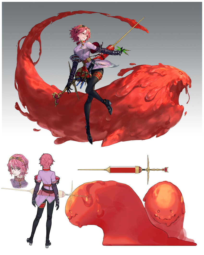 1girl absurdres black_gloves black_pants border closed_mouth crown detached_sleeves gloves gradient gradient_background grey_background highres holding jacket jaeyeong layered_sleeves long_sleeves monster pants pink_hair pink_jacket red_eyes redhead short_hair slime smile solo sword syringe weapon white_border