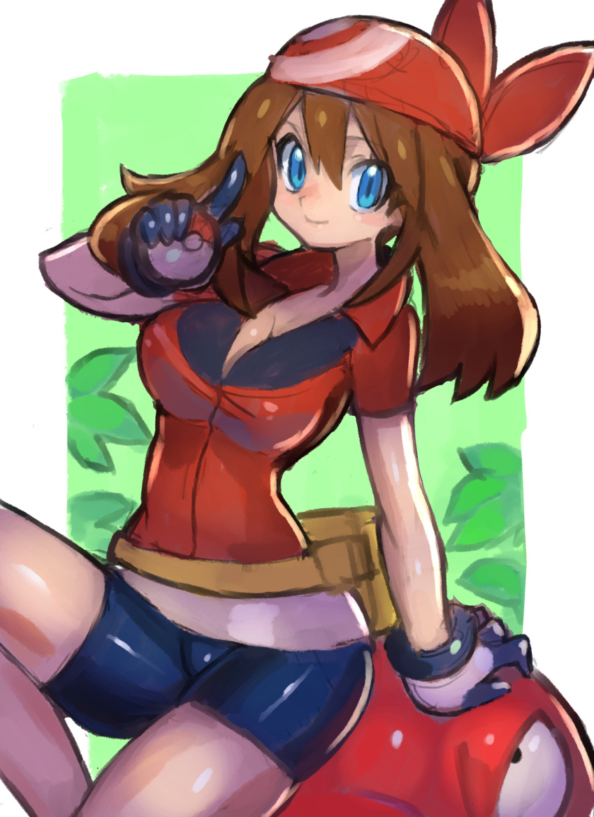 1girl arm_support bandana bike_shorts blue_eyes blush breasts brown_hair dakusuta gen_1_pokemon gloves hair_between_eyes highres holding holding_poke_ball large_breasts long_hair may_(pokemon) poke_ball pokemon pokemon_(game) shorts sitting smile solo voltorb