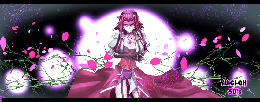 1girl a-chi closed_mouth copyright_name corset crossed_arms dress elbow_gloves fingerless_gloves flower glaring gloves hair_ornament highres izayoi_aki jewelry long_hair looking_at_viewer necklace redhead rose shaded_face yu-gi-oh! yu-gi-oh!_5d's