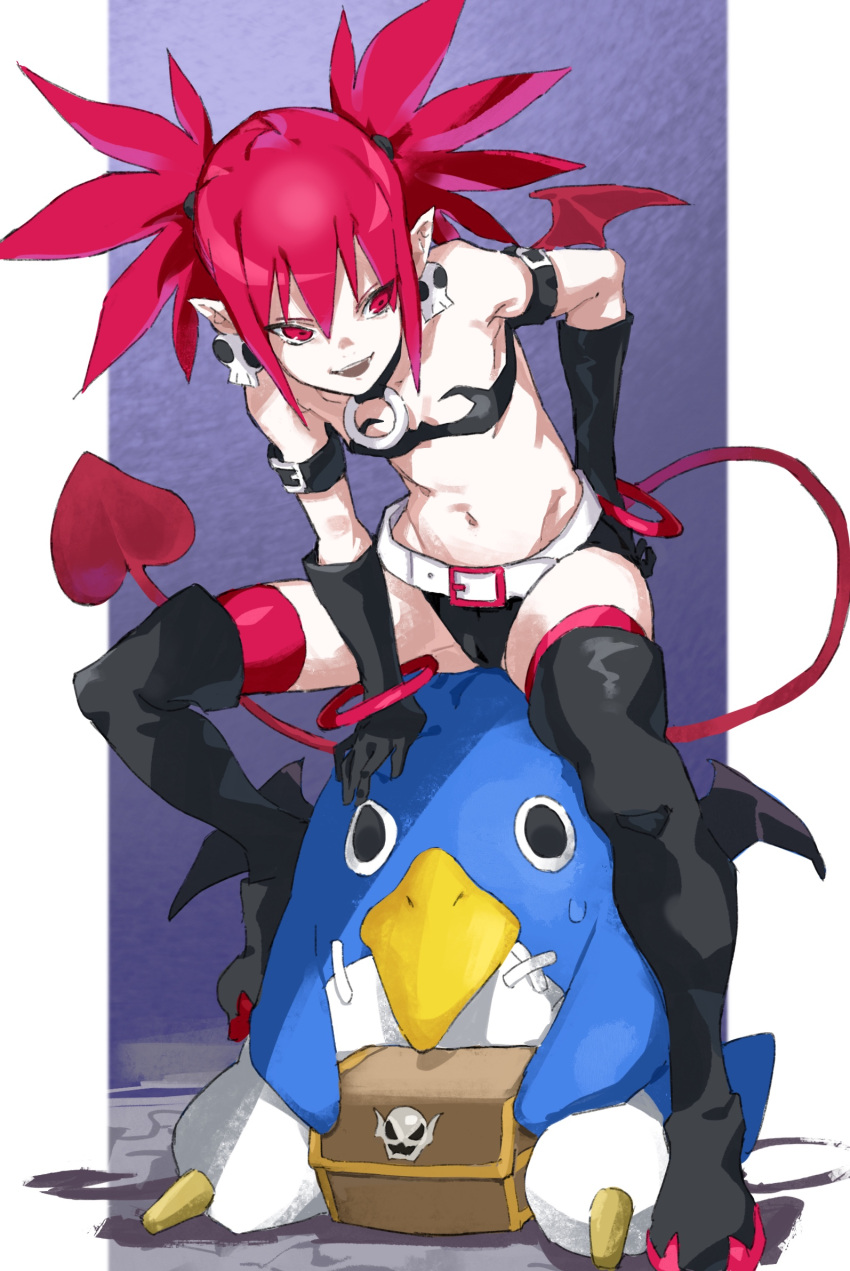 1girl arm_belt bangs bare_shoulders belt between_legs black_belt black_choker black_footwear black_gloves boots bracelet breasts choker demon_tail demon_wings disgaea earrings elbow_gloves etna eyes_visible_through_hair gloves groin hair_between_eyes hand_between_legs hand_on_hip highres jewelry looking_away looking_to_the_side makai_senki_disgaea mini_wings navel open_mouth pointy_ears pretty-purin720 prinny red_eyes red_legwear red_wings redhead short_hair short_twintails sitting skull_earrings small_breasts smile tail teeth thigh-highs thigh_boots tsurime twintails white_belt wings